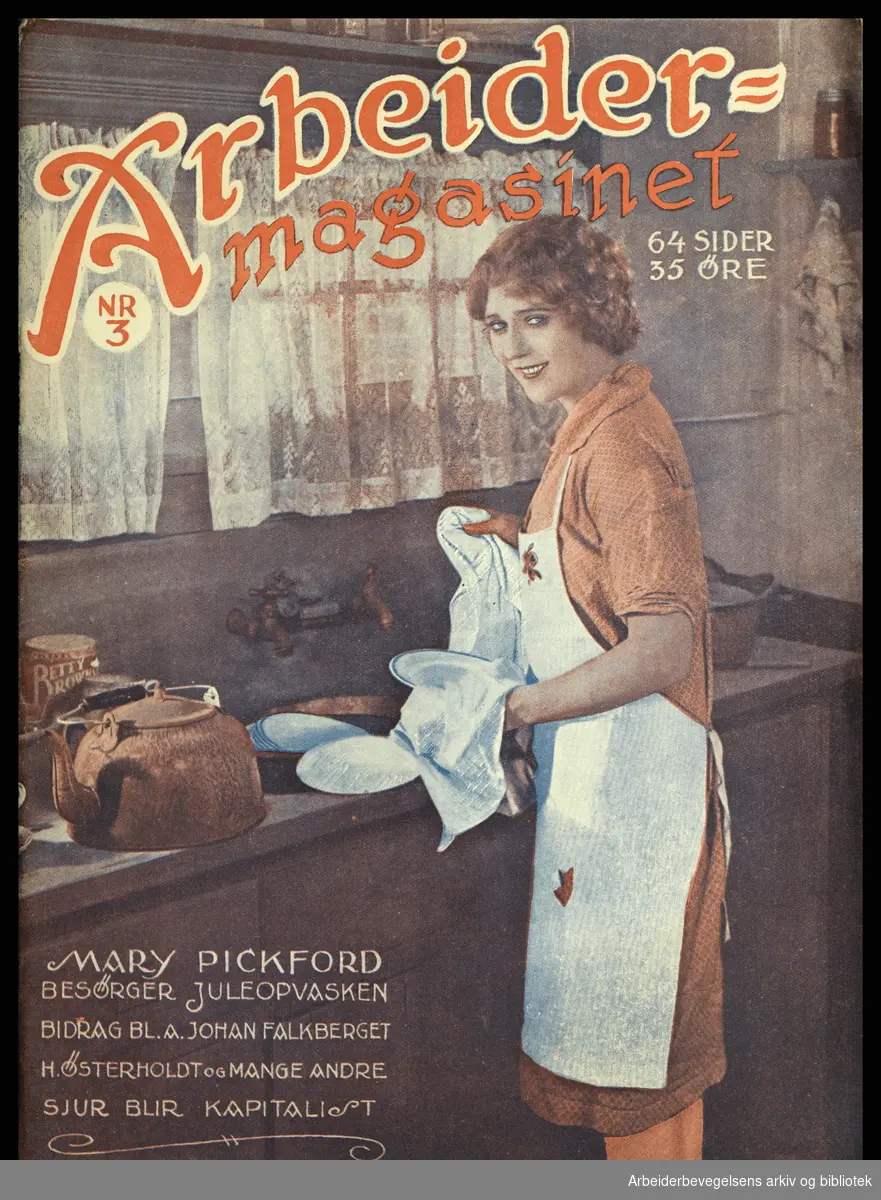 Arbeidermagasinet - Magasinet for alle. Forside. Nr. 3. 1927. "Mary Pickford besørger juleoppvasken".