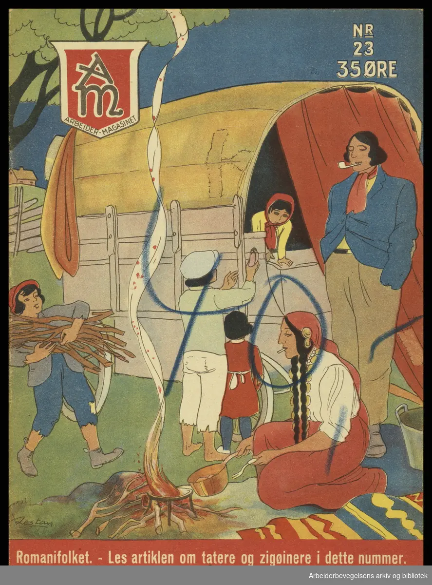 Arbeidermagasinet - Magasinet for alle. Forside. Nr. 23. 1933. Artikkel om tatere og sigøynere. Illustrasjon: Bjarne Restan.