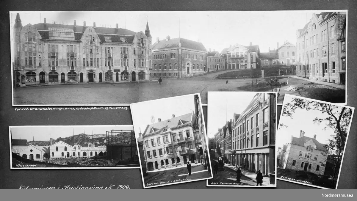 Postkort: "Nybygninger i Kristiansund N. 1909. O. R. Eneret." Bygninger på eller nær torget i Kristiansund. Foto er av Ole Ranheimsæter. Fra Nordmøre museums fotosamlinger.