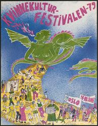 Det ble utlyst en anonym plakatkonkurranse til festivalen. Forslaget fra Kvinneverkstedet SFINXA, med en flyvende og strikkende drage, vant. Tegning: Inge Ås og Kjersti Fjeldstad. (Foto/Photo)