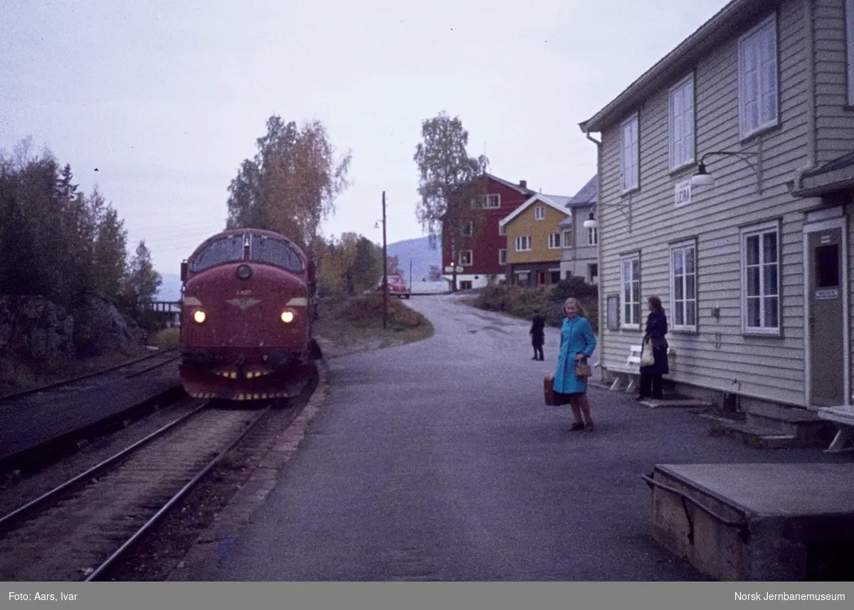 Diesellokomotiv Di 3 627 med persontog til Oslo kjører inn på Leira stasjon