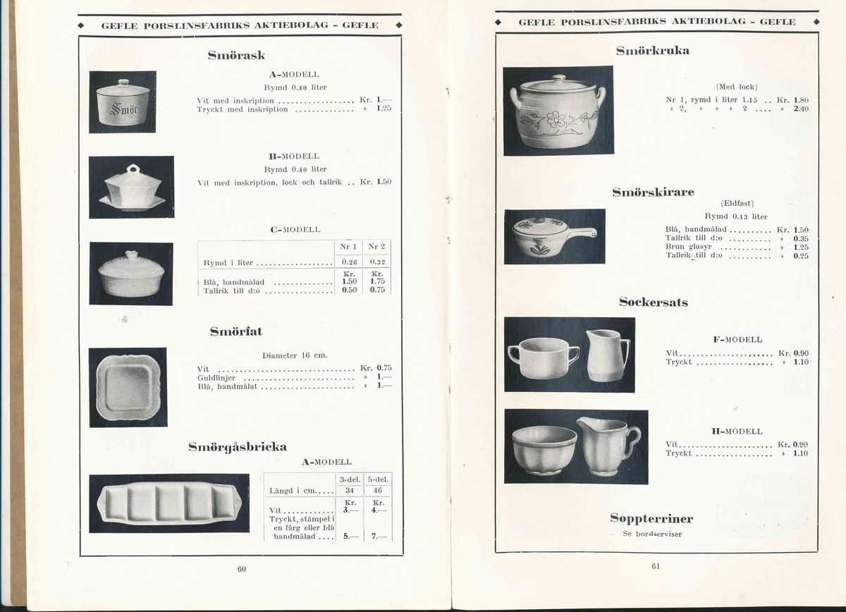 Produktkatalog, priskurant, över 1931 års produktion av keramik vid Aktiebolaget Gefle Porslinsfabrik.