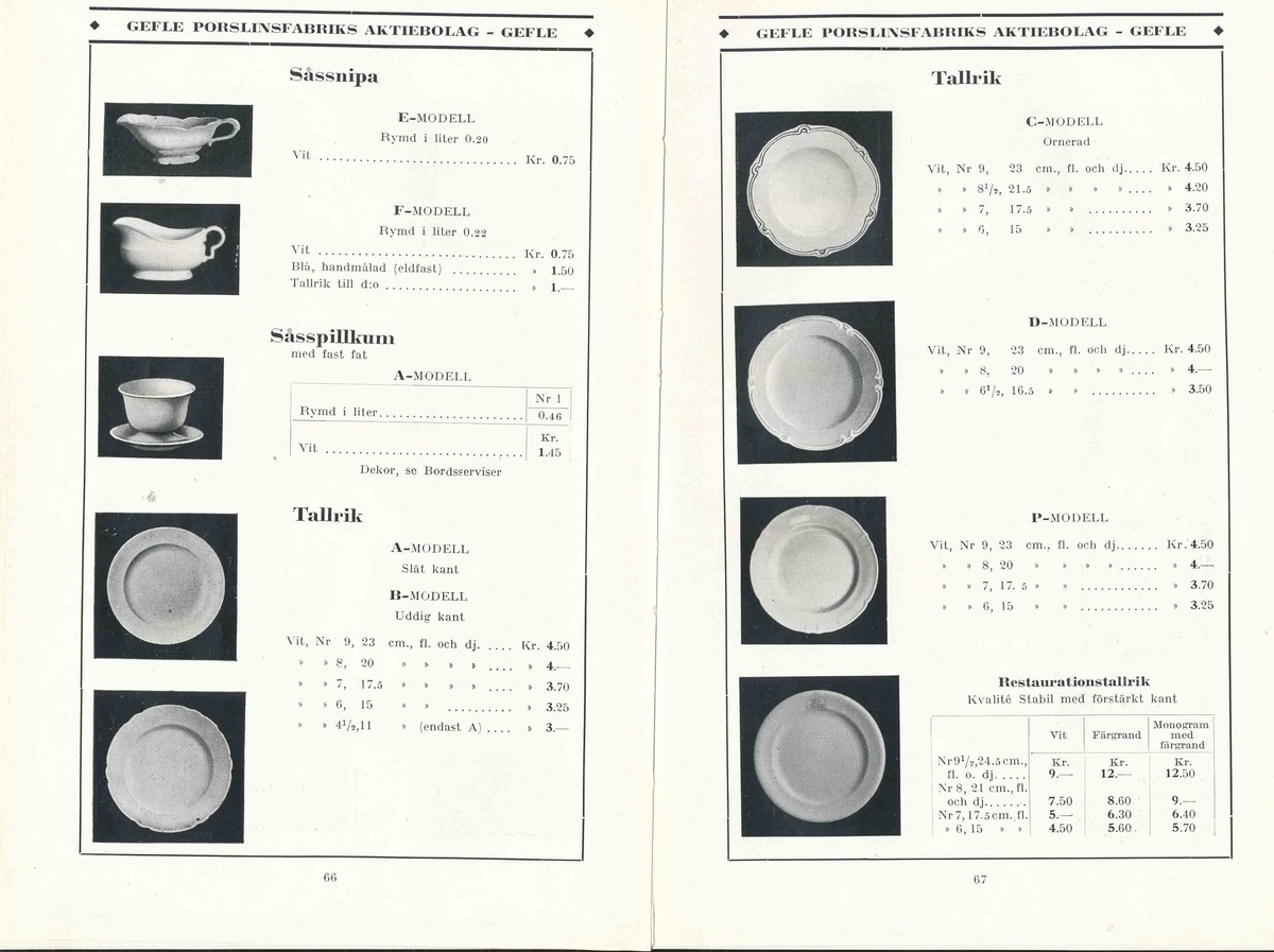 Produktkatalog, priskurant, över 1931 års produktion av keramik vid Aktiebolaget Gefle Porslinsfabrik.
