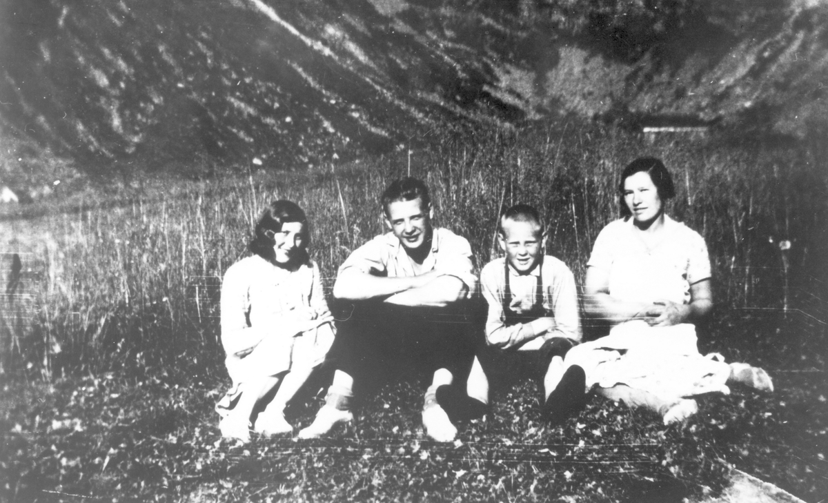 Fra venstre: Helene Sørensen, f. 1915 i Steinfjord ( senere gift med Karl Pedersen, Gryllefjord), Arno Hermansen, født i Amerika (sønn til Hermann Hermansen fra Steinfjord), Kåre Liland fra Målselv( fostra opp hos Alfred Hermannsen i Steinfjord) og Borghild Hermansen, f. 1902 i Steinfjord. (Sørensen) på slåttemarka i Steinfjord. Borghild Hermansen var gift med Alfred Hermansen.