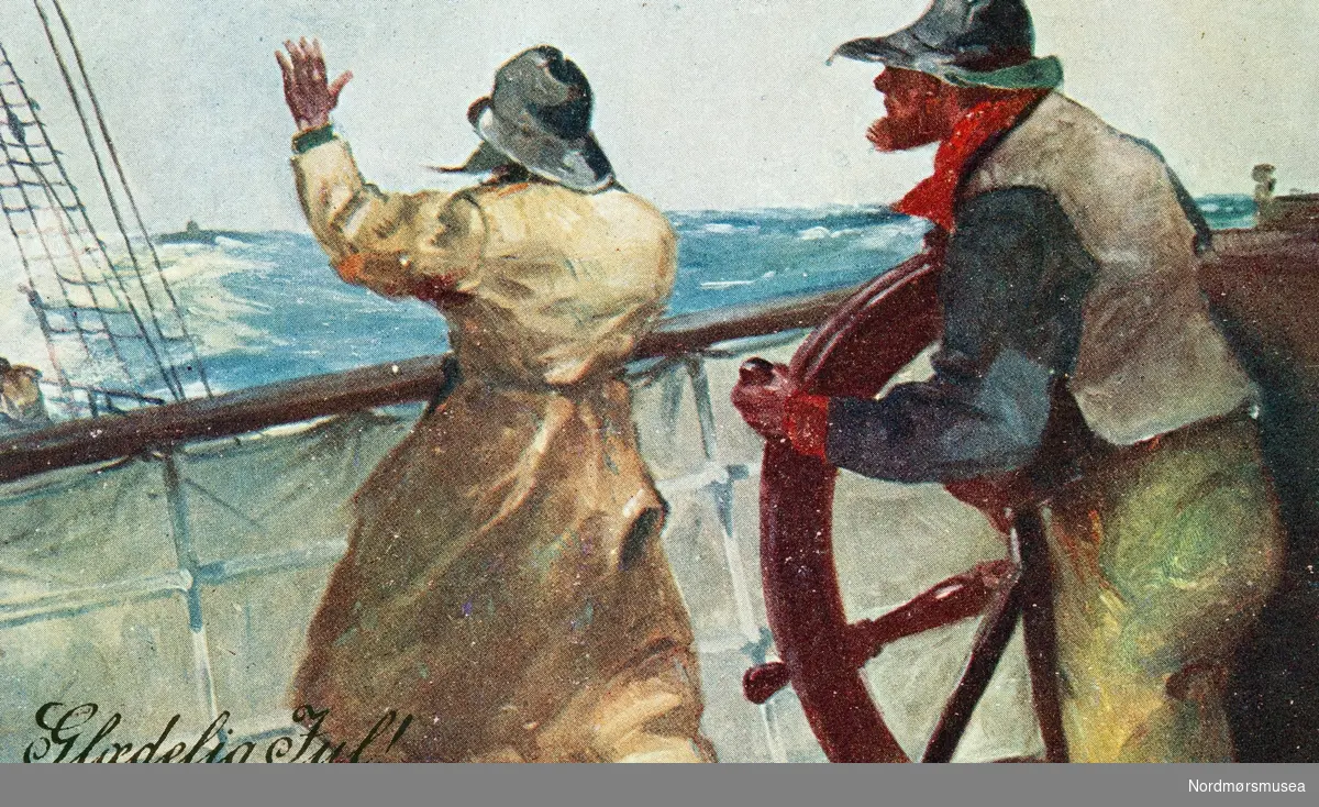 Julekort med motiv fra en seilskute. Kortet er poststemplet Nordheimsund 21.12.1918. Fra Kaptein John Paulsens postkort og private bilder. Fra Nordmøre museums fotosamlinger.