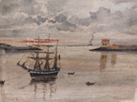 Innseiling,kanonportet seilskip taues. Dampbåt i bakgrunn? Fyrhus på Tangen til høyre. Innseilingen til Kragerø?