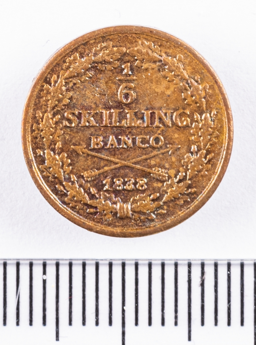 Mynt, Sverige, 1/6 skilling banco, 1838.