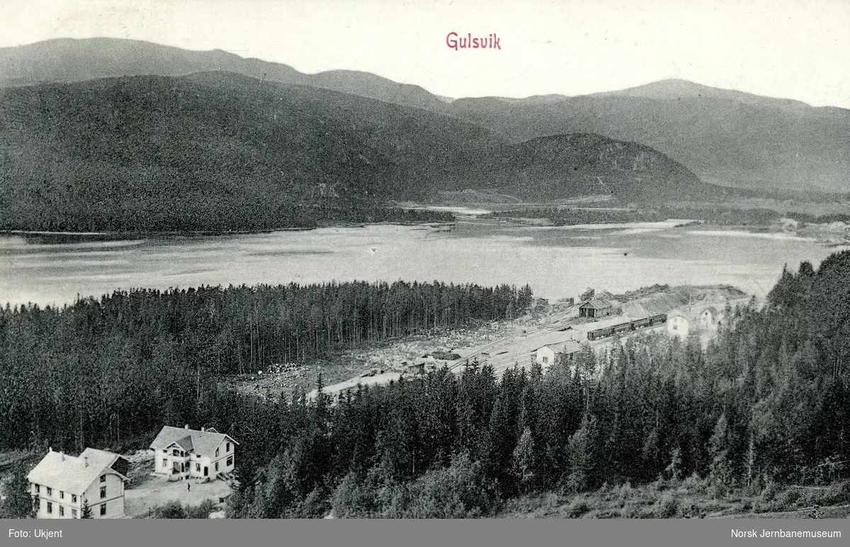 Utsikt mot Gulsvik stasjon på Bergensbanen. Dampskipsbryggen i bakgrunnen