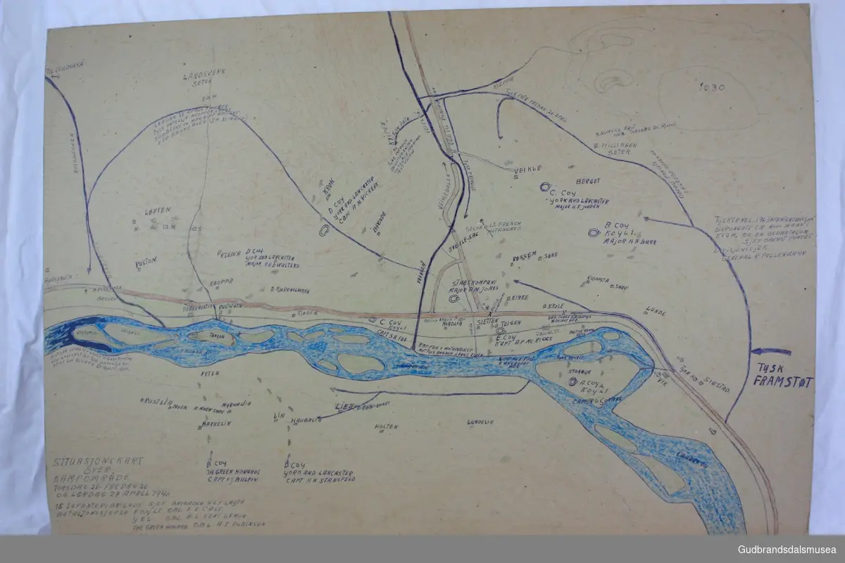 Kart over Britiske stillinge i Kvam og ved Kjørum, samt den Tyske fremrykkingsaksen.