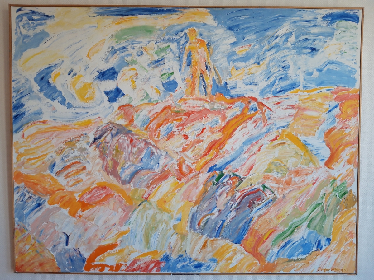 En man står på ett berg. Abstrakt expressionistisk målning i orange, gult, rött, vitt och blått.