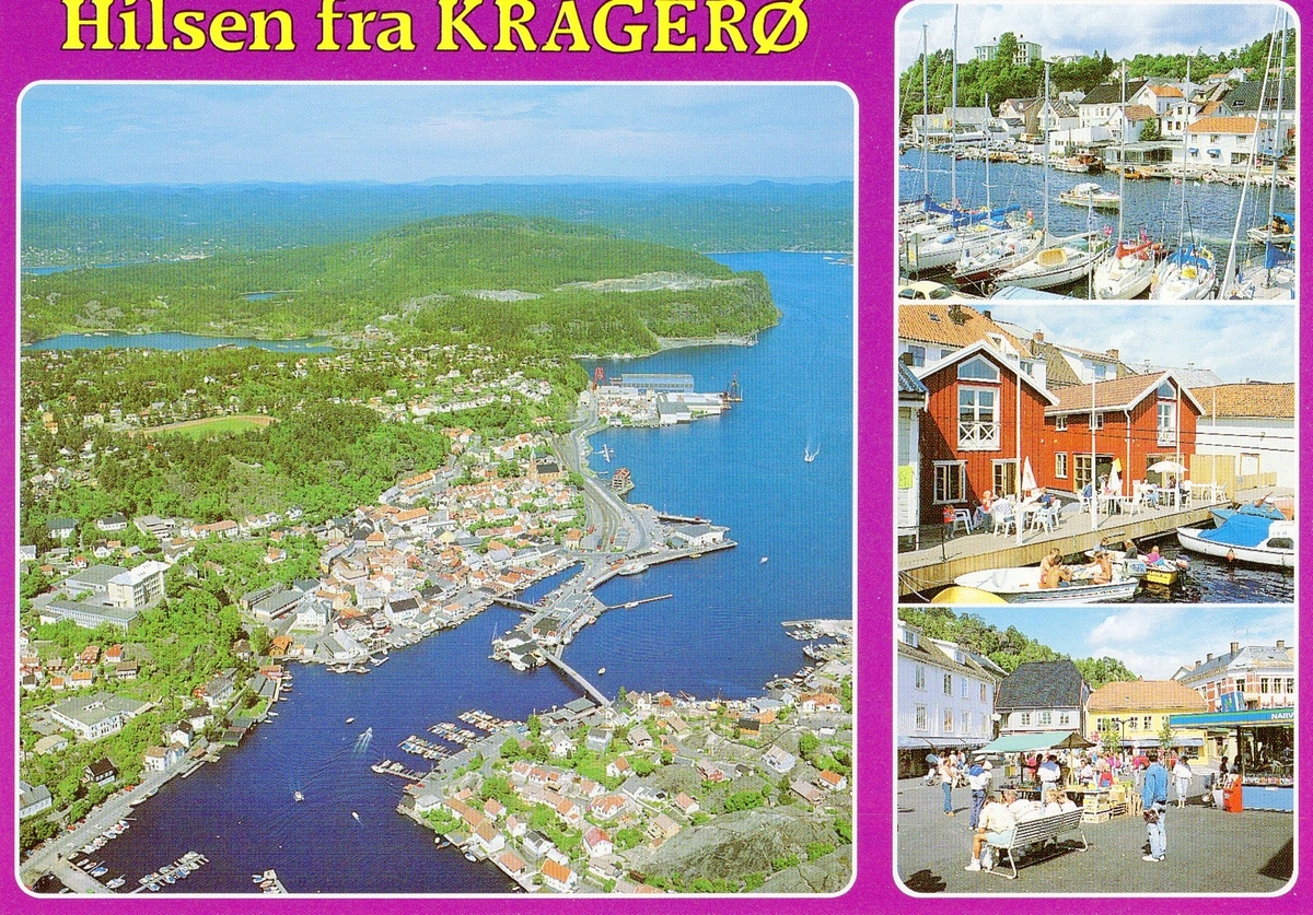 Fire motiver fra Kragerø by. på et postkort.