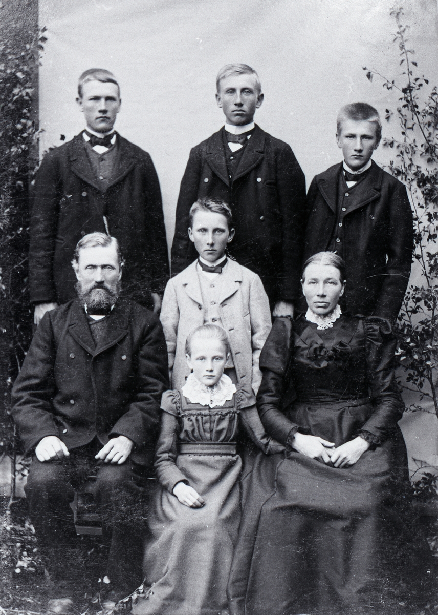 Framme frå venstre: Ola J. Haalien, Berit Haalien og Berit Rønjusdotter f. Tørstad. I midten: Rønjus Haalien. Bak frå venstre: Johannes O. Haalien, Knut Haalien og Ola Haalien.