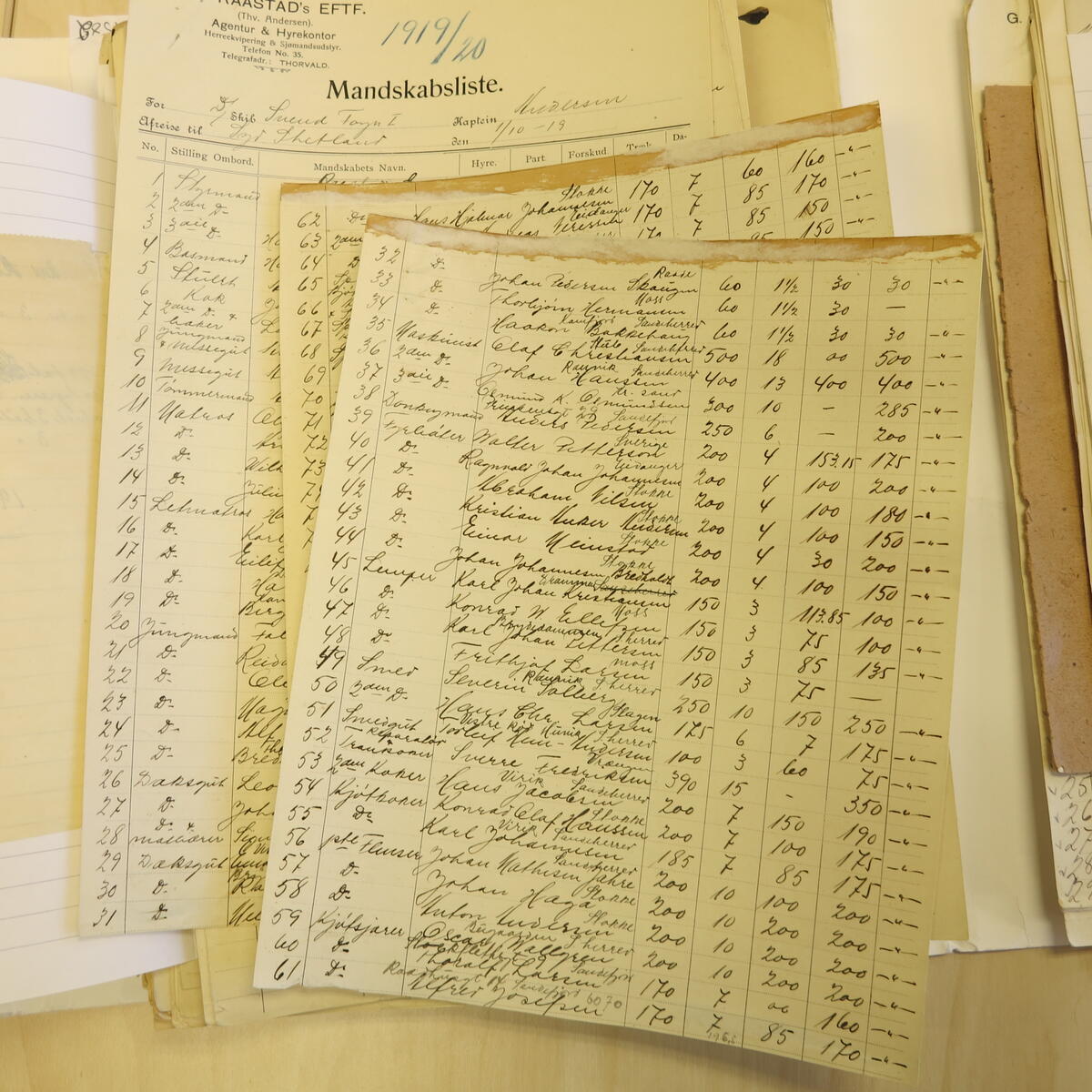 En bunke håndskrevne og gulne ark med tabeller og navn. Det er mannskapslister (Foto/Photo)