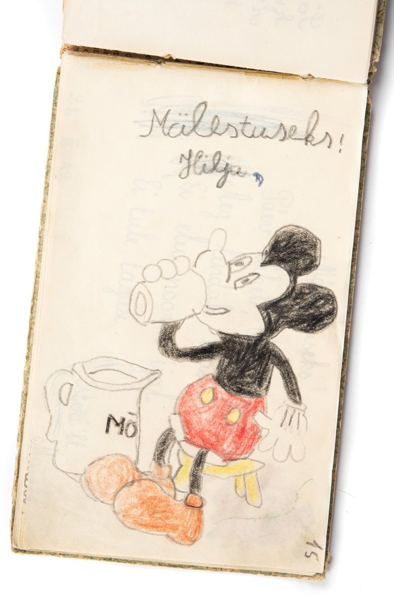 Bild ur antecknings- och ritblock som togs med på flykt från Estland till Sverige år 1944.  
