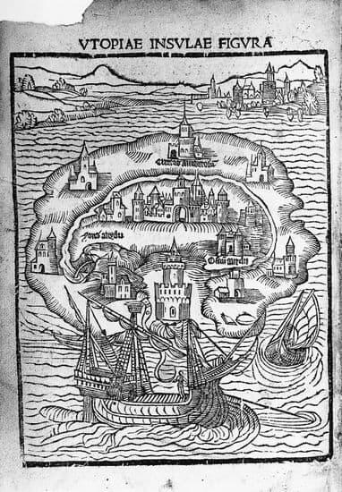 Kart over landet Utopia. Thomas More 1516.