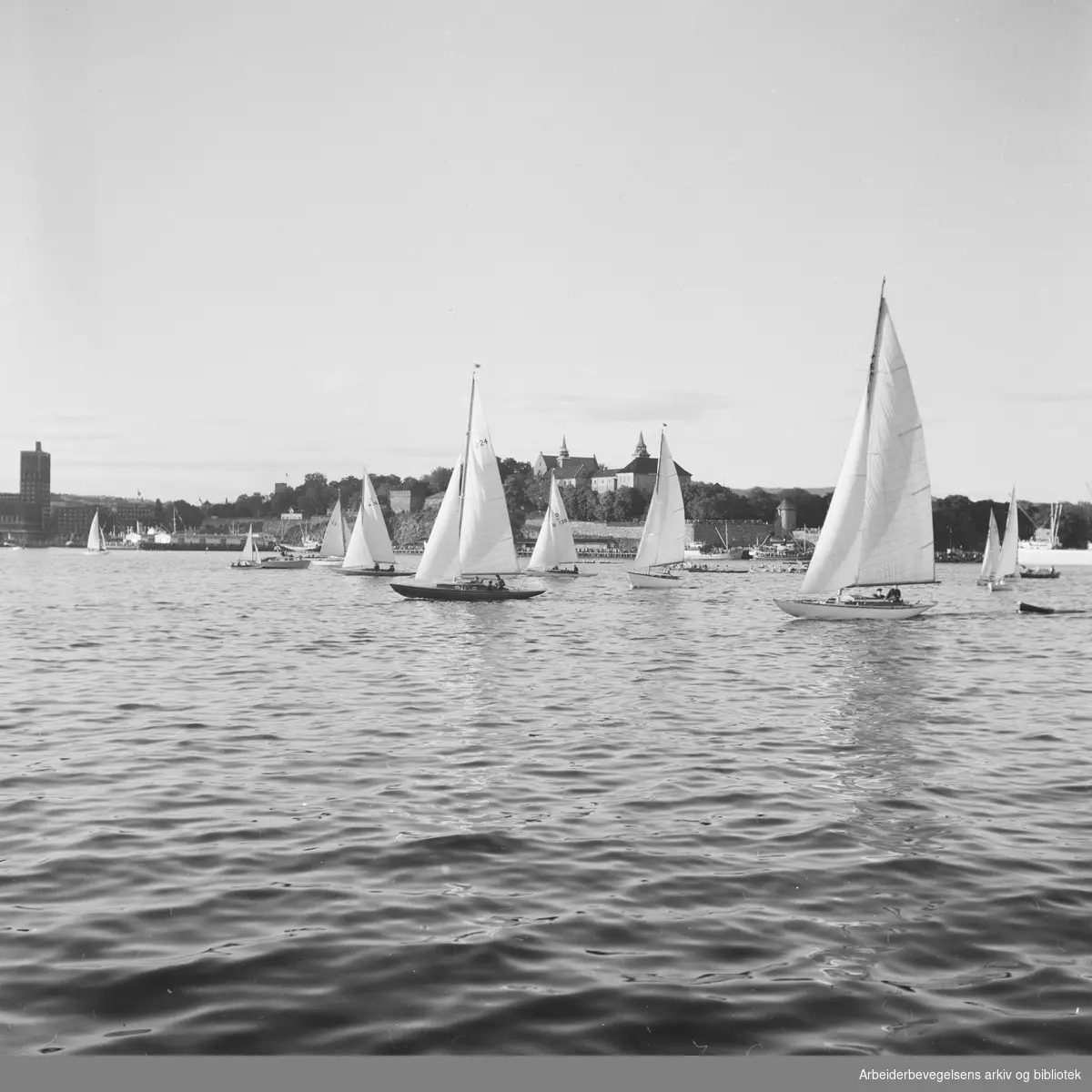 Båtsportens dag i Oslo. 9. Juni 1952. Akershus Festning og Akershuskaia i bakgrunnen..