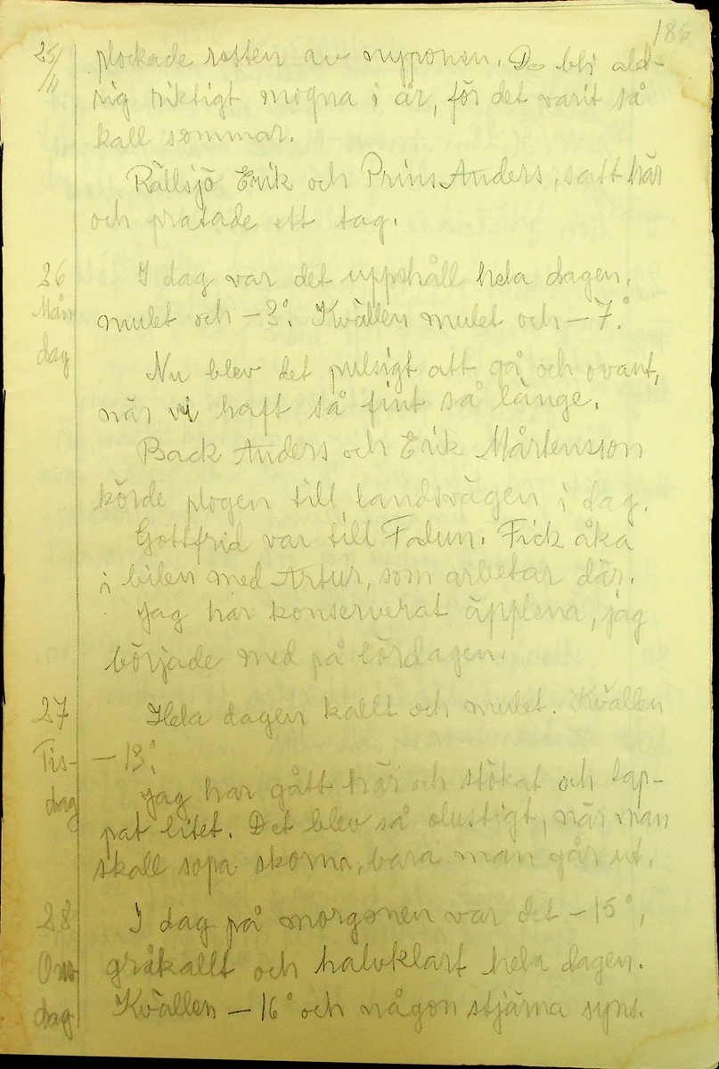 Bondedagbok skriven år 1956 av Rällsjö Brita på Rällsjögården i Bjursås socken. 
Innehåller bl.a. anteckningar om väderlek, fågelobservationer och diverse händelser (järnvägsolyckor m.m)