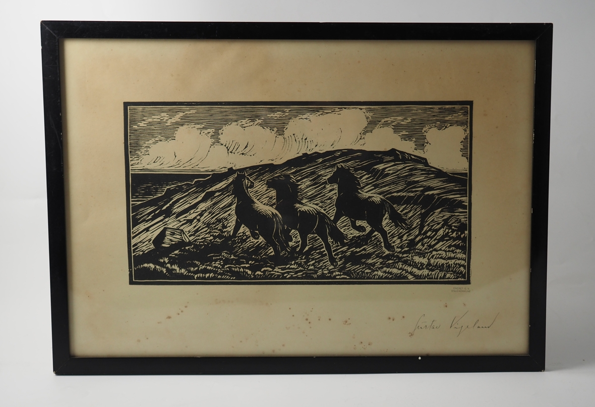 "Tre løpende hester" (ca. 1932). Tresnitt av Gustav Vigeland.