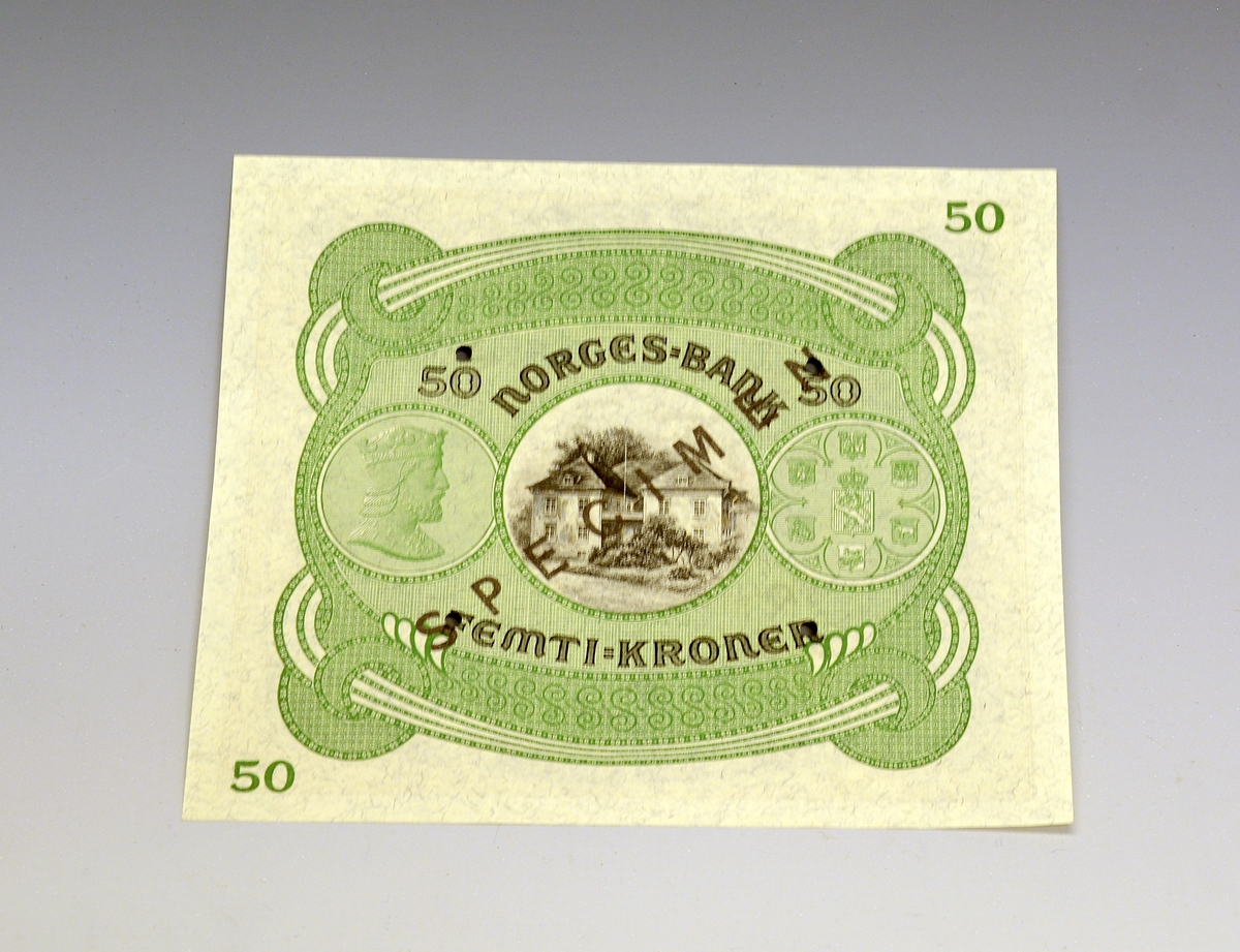 Makulert, ny seddel andre utgave 1945. 50 kr.