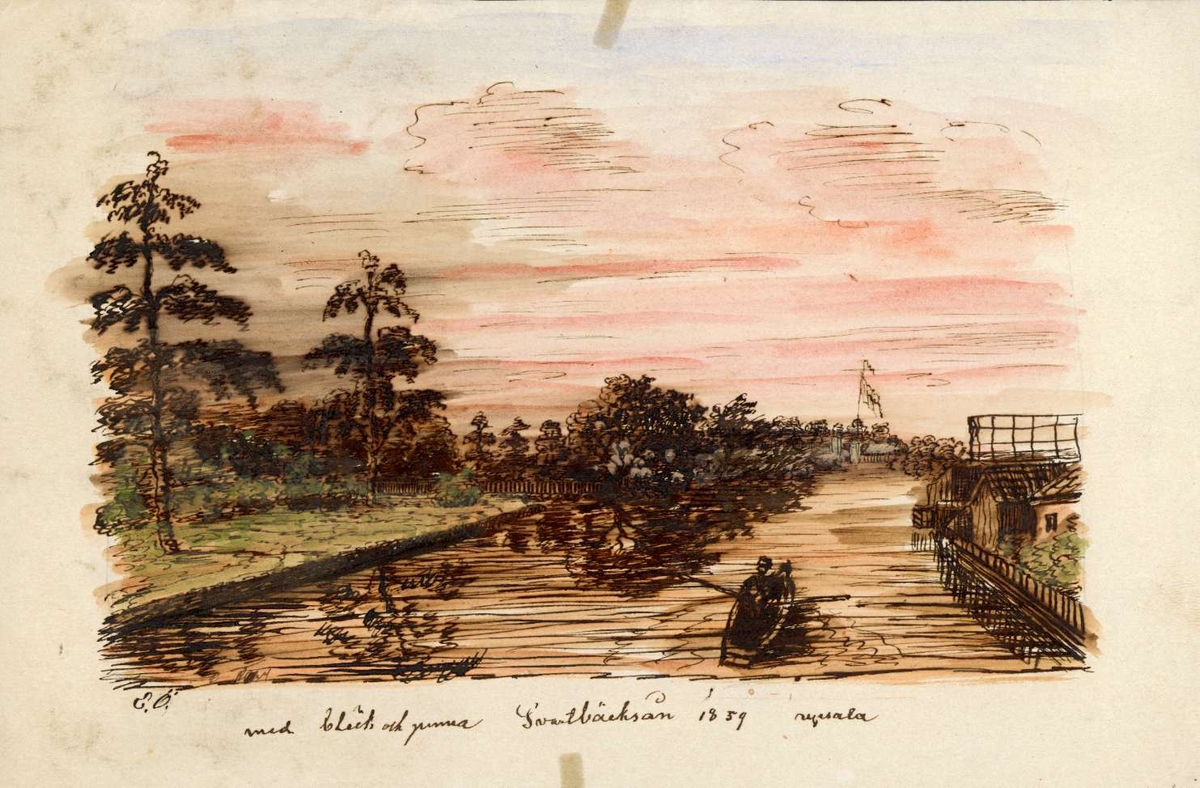 Personer i roddbåt på Svartbäcken, på stränderna syns träd och hus, Uppsala, 1859