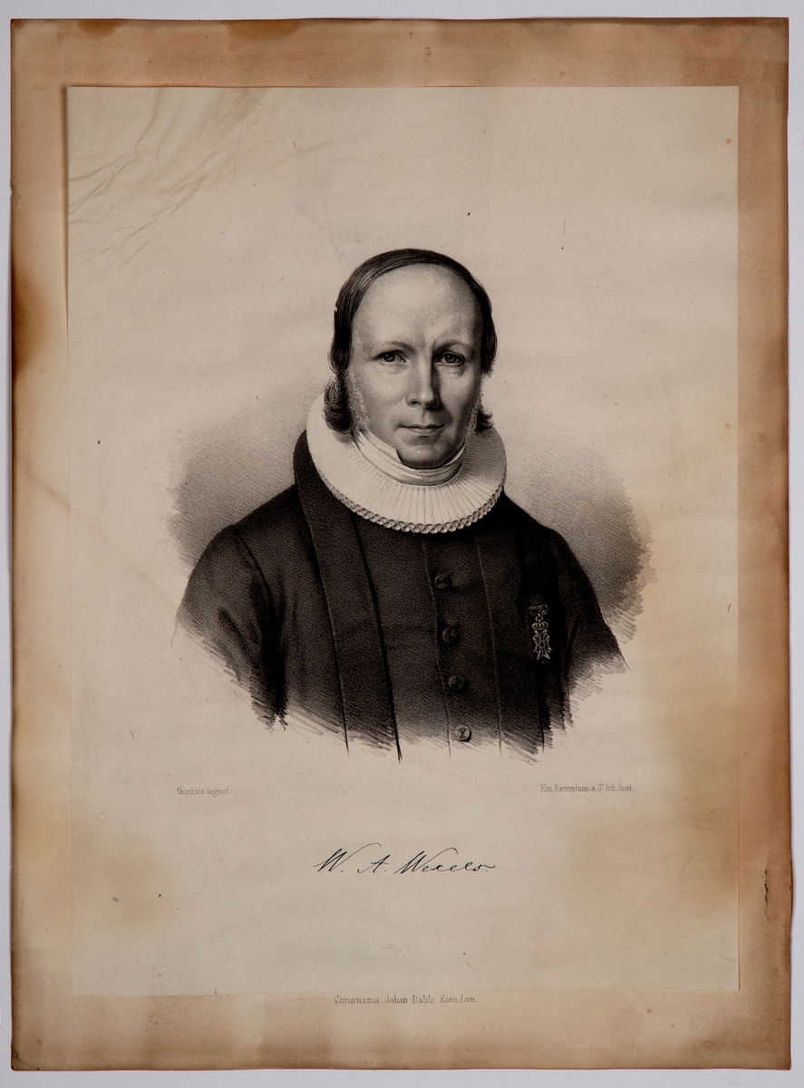 Portrett av prest og forfatter Wilhelm Andreas Wexels ikledd prestedrakt med pipekrage.