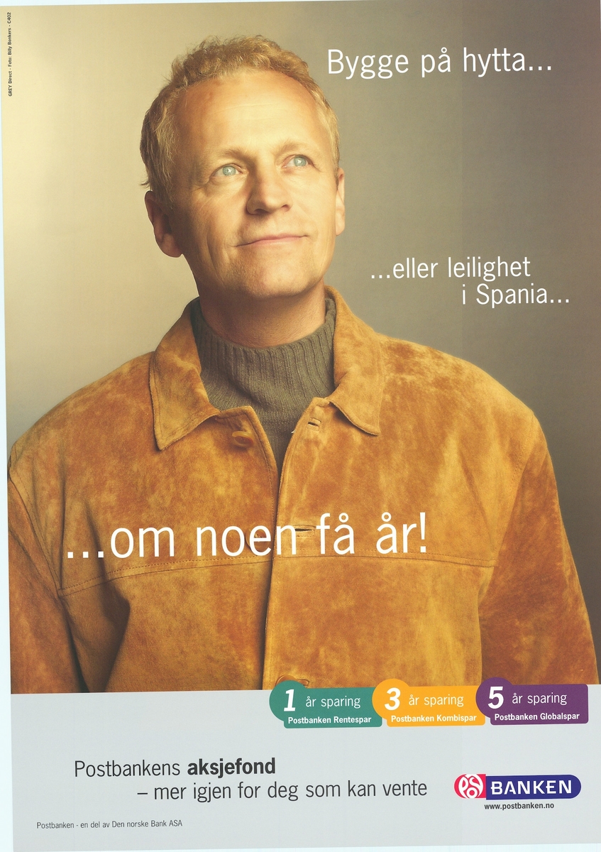 Plakat med motiv av en person i beige jakke, tekst og bilde. Plakaten er tosidig med tekst på bokmål og nynorsk på hver sin side.