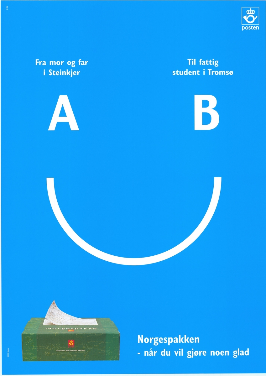 Plakat med blå bunnfarge, tekst og motiv. Plakaten er tosidig med tekst på bokmål og nynorsk, på hver sin side.