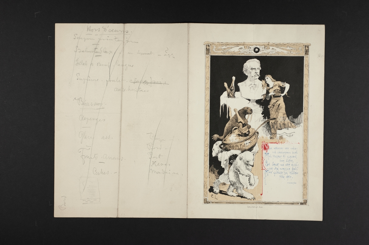 Trycksak: "Idun. å Hasselbacken den 5 maj 1880. A. E. Nordenskiölds autobiografi", meny och frisprogram. Omslag illustrerat av Carl Larsson. Handskrivna anteckningar om mat på baksidan.