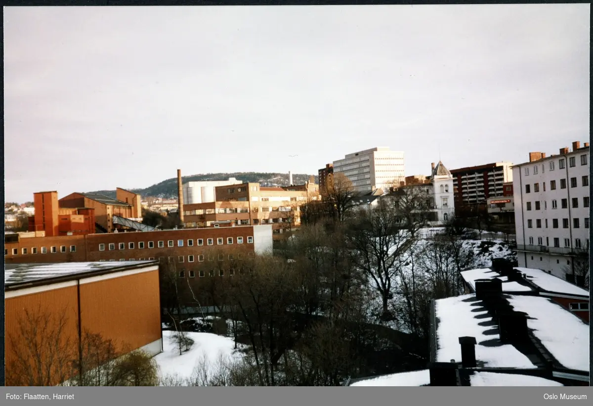 utsikt, Lilleborgs lagerbygning, boligblokker, villa, fabrikkbygninger, snø
