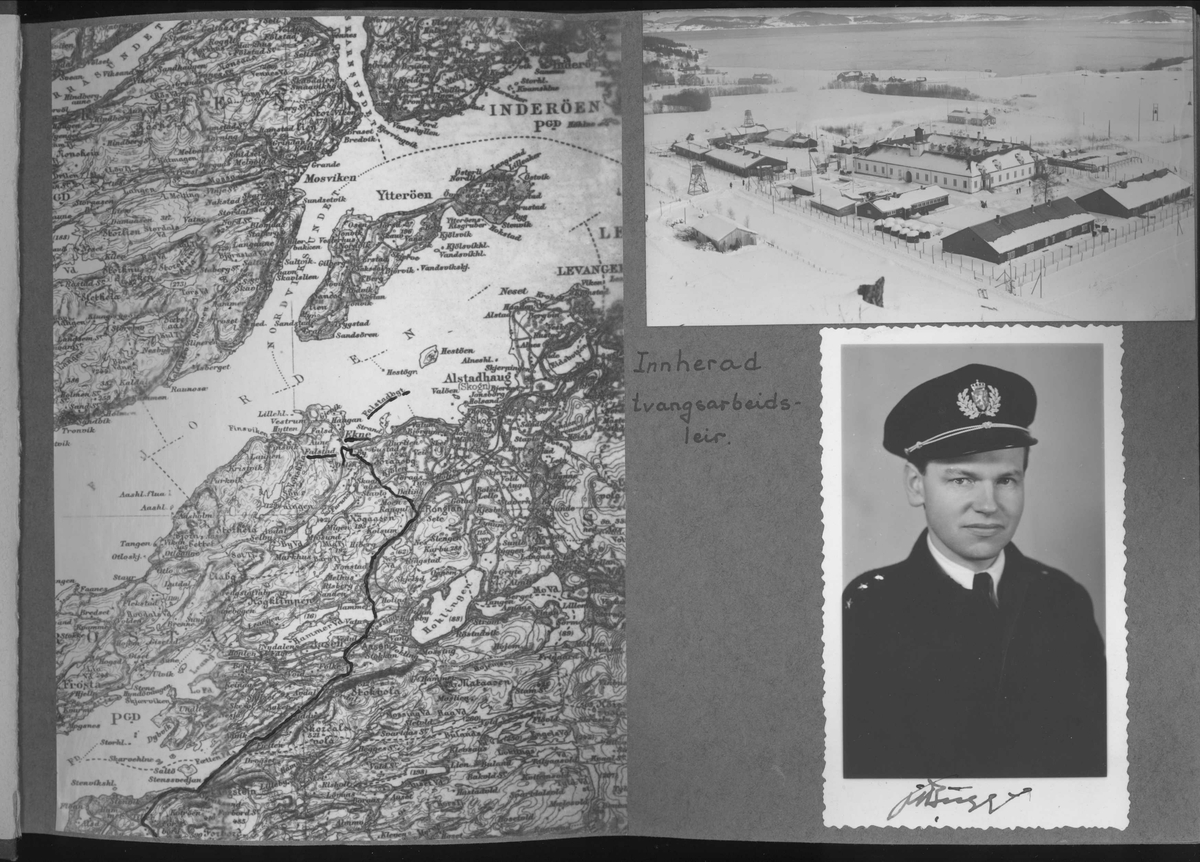 Side fra Kjeld Bugges fotoalbum. Innherad fangeleir - kart, oversiktsbilde av leiren og portrett av Bugge.