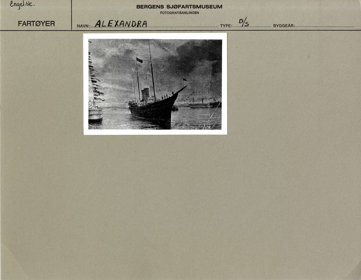 Avfotografert postkort av det britiske fartøyet; DS ALDEXANDRA (ukjent byggeår).