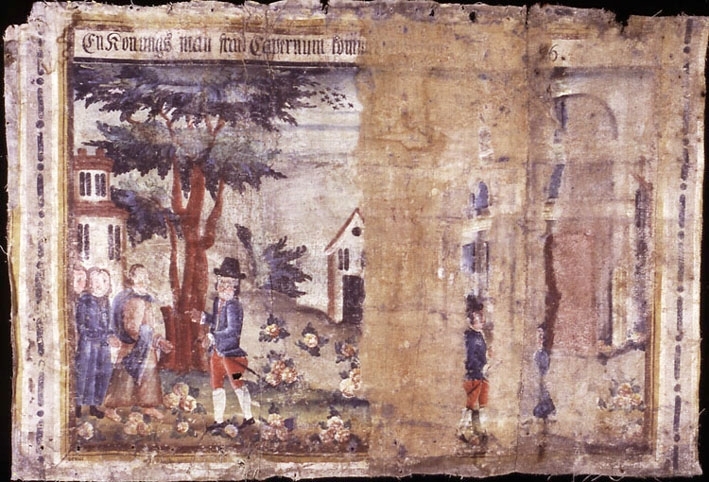 Bonadsmålning, dalmålning, av s.k. eliassontyp. Jesus och konungsmannens son (Joh 4). Text: "En Konungs man från Kapernum kom..." Målad på väv.