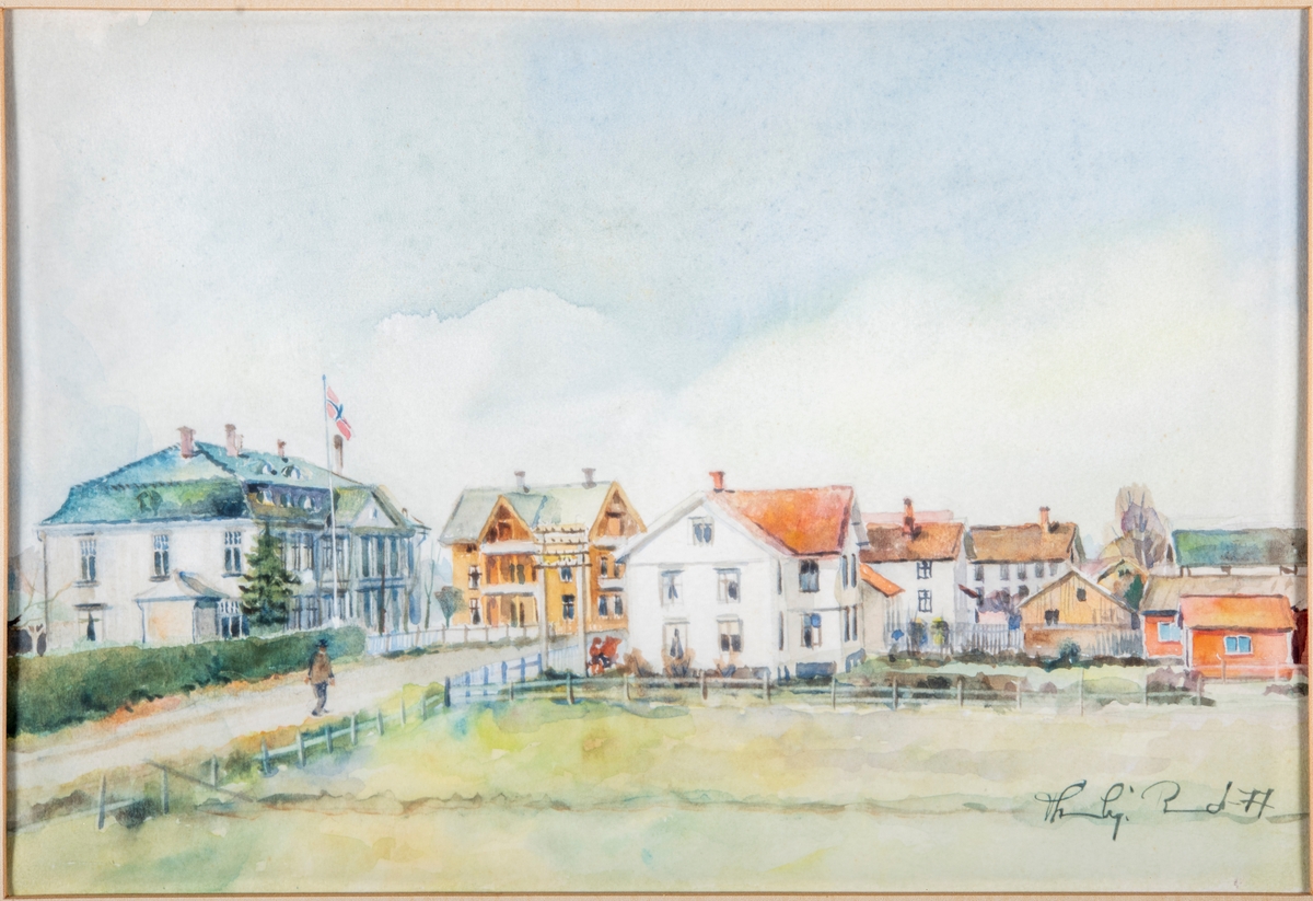 Akvarell, maleri. Stange sentrum og gamle Tingvold sett i kunstneren Thorbjørn Ruuds øyne.