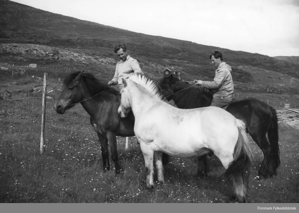 Nils E. Hertzberg og Ove Eide tok en liten ridetur på løshester i Kifjord. De sitter på hver sin hest og en løshest, en fjording, står ved siden av. I bakgrunnen er en liten hytte.