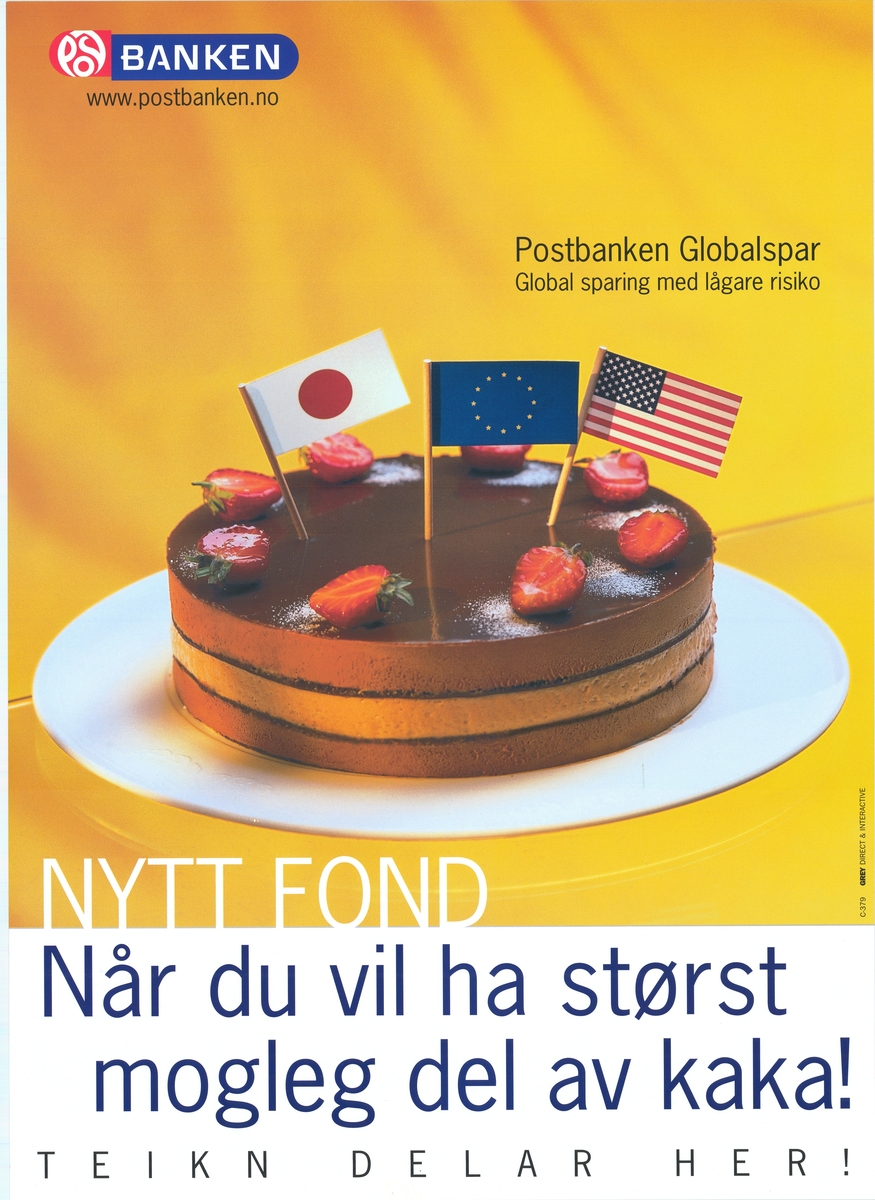 Plakat med bildemotiv av en kake, logo og tekst. Plakaten er tosidig med tekst på bokmål og nynorsk på hver sin side.