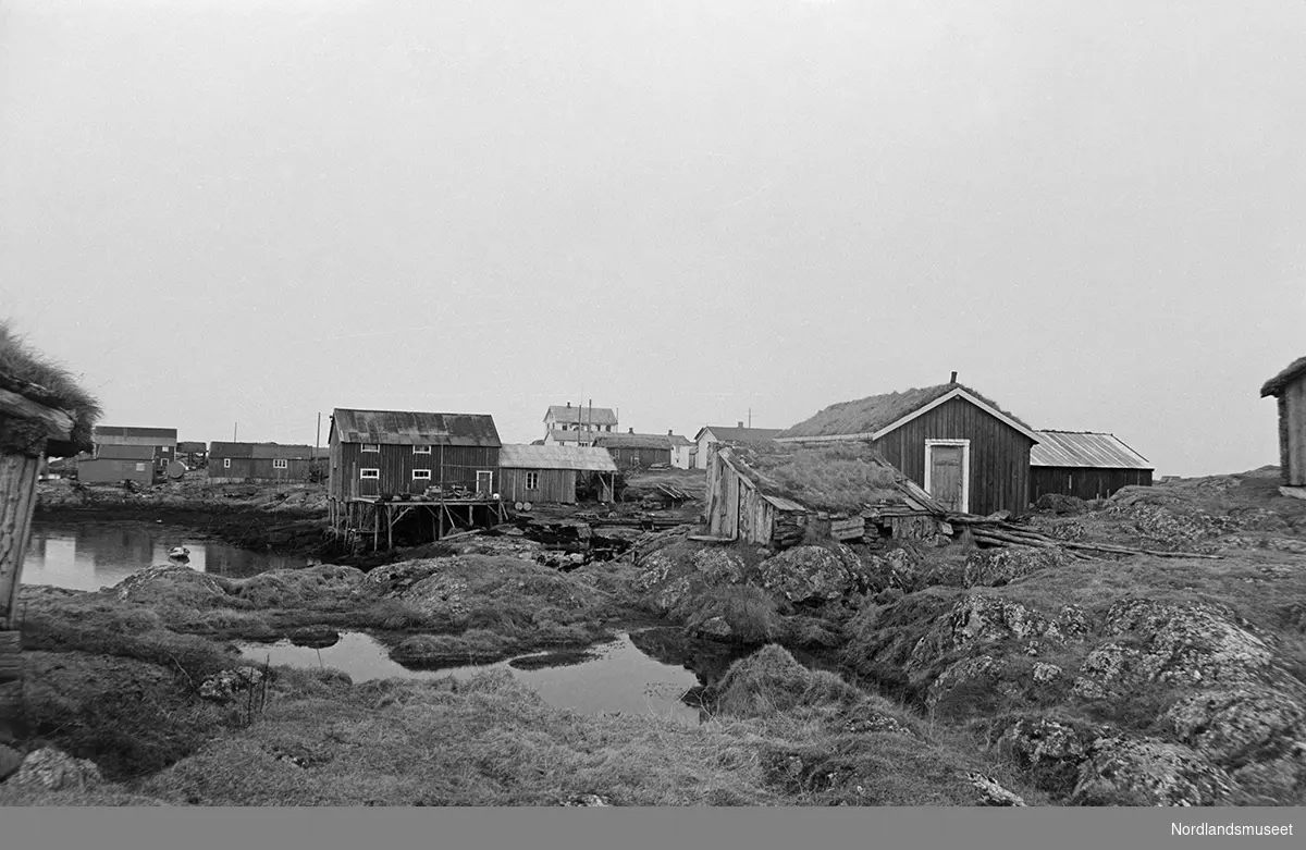 Gårdsøya med bebyggelse. Brygge, uthus. Helt i bakgrunnen boliger.