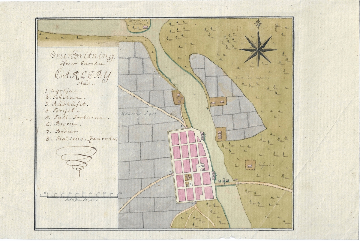 Grundritning över Karleby i Finland. Daterad till mitten av 1700-talet. Ritad för hand och färglagd.