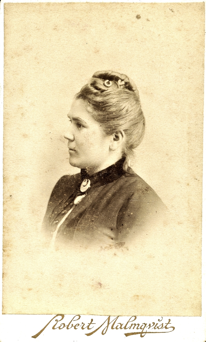 Ateljéporträtt av okänd ung kvinna i profil med uppsatt hår, hårnålar och brosch på halskragen. Troligen fotograferad i Halmstad.