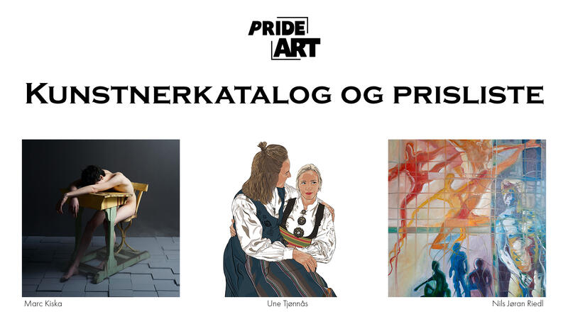 Bildet viser logoen til Pride art og teksten kunstnerkatalog og prisliste. Den viser også tre av kunstverkene som stilles ut i utstillinga blanke ark. (Foto/Photo)