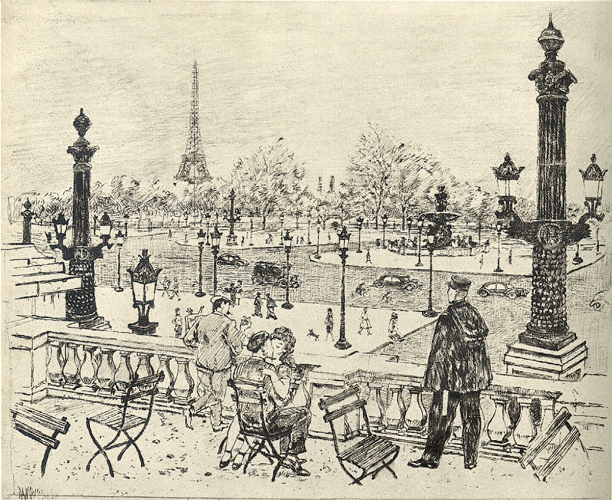 Vy över Place de la Concorde mitt i Paris, med Eiffeltornet i bakgrunden, fontän, bilar och människor som cyklar och promenerar. Vid en balustrad i förgrunden sitter ett par som kysser varandra på en trädgårdsstol medan en man i ljus kostym och hatt tittar ut över torget liksom en polis i skärmmössa och poncho.