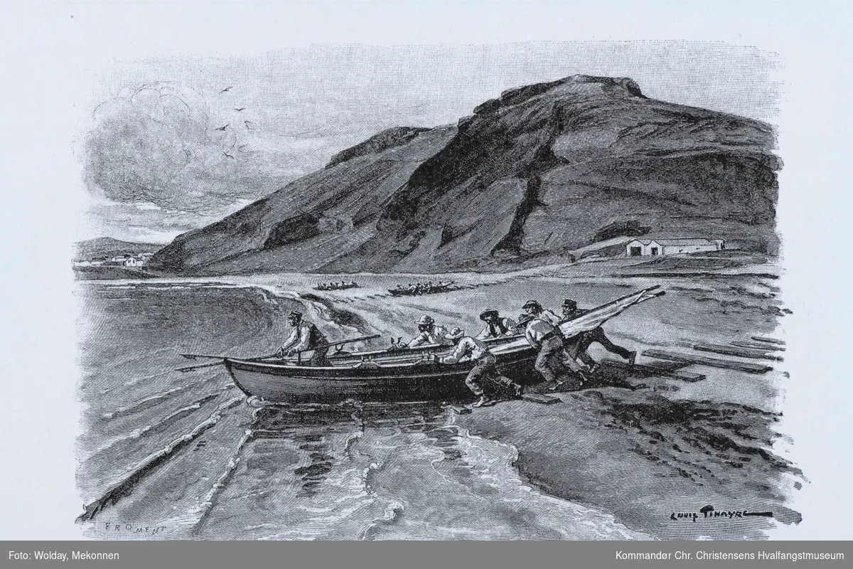 Hvalfangerer på vei ut med båt fra strand, med håndharpuner.