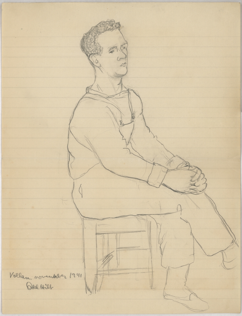 Portrettegning av mann som sitter på en krakk (helfigur), fange på Vollan kretsfengsel i Trondheim.