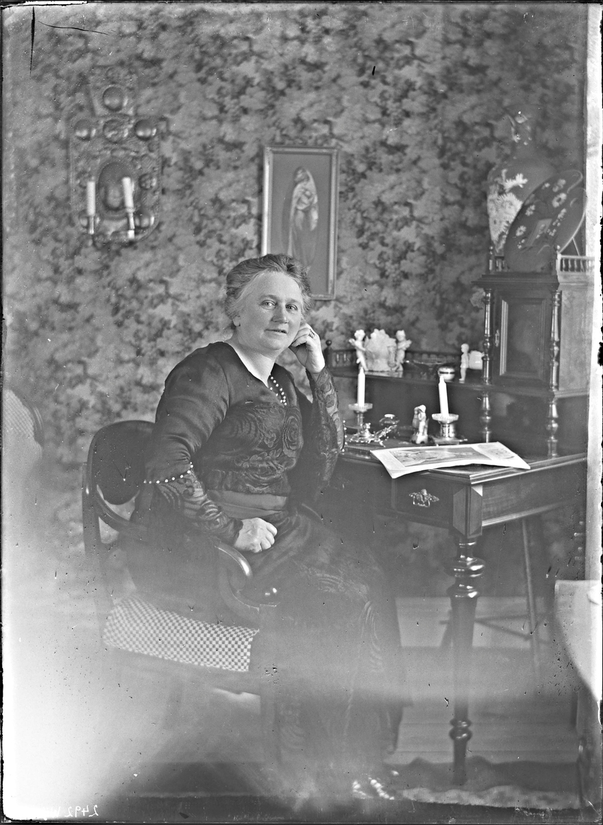 Fotografering beställd av Andersson. Föreställer sannolikt godsägaränkan Greta Karolina Olivia Blom, född 1864-12-15 i Gamleby, död 1942-04-20 i Nora.