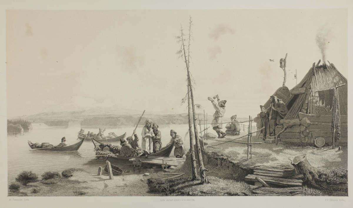 Grafiskt tryck. Efter oljemålning "Brudfärd på Hornavan" av Johan Fredrik Höckert. Brud anländer i lövad båt, återkomst från kyrkan.