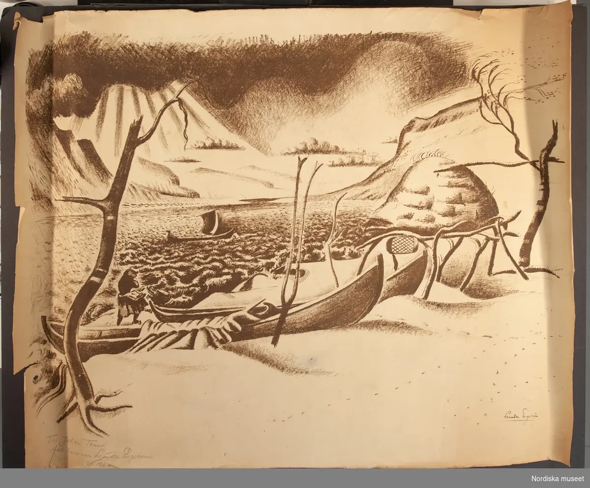 Teckning. Strandmotiv, båtar. Påskrift "Till Johan Thuuri från hans vän Leander Engström 7/1 1927." L.A. 664.