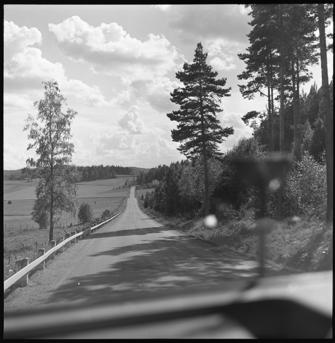 Väg i okänt landskap fotograferat från bilen.