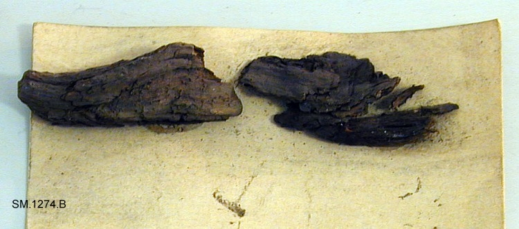 To små stykker kitt.
Om funnet TGM-SM.1270-76 i helhet: Funnet samlet i en gravhaug, ca.40 fot i tverrmål, 3 fot høy, bygget av jord og stein. Yngre romertid, 4.årh.
