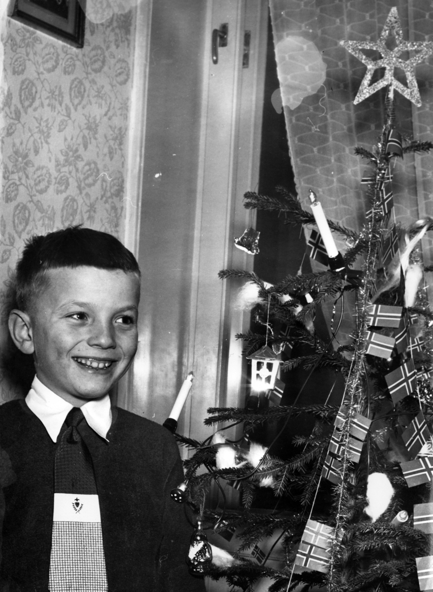 Foto av en gutt med slips og finklær som står ved siden av et juletre pyntet med stjerne, norske flagg og lys.
