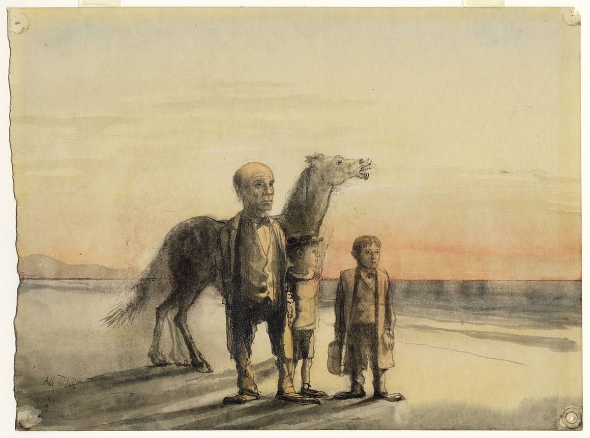 En allvarsam man och två pojkar, lika allvarsamma, står framför en gnäggande häst på stranden med havet i bakgrunden.