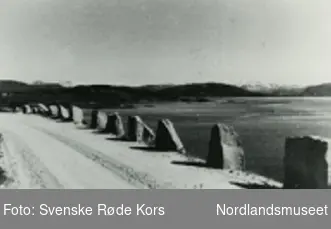 Fotografi av riksveien som går fra Fauske til Bodø 
som det står en rekke steiner som et gjerde ved veien
og utsikt til en fjord og noen lier med skoger og fjell 
lenger borte som det ligger snø på og noen hus 
lenger borte